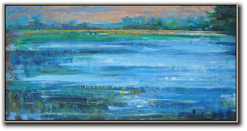 Panoramic Abstract Landscape Painting,Original Abstract Painting Canvas Art Blue,Earthy Yellow ,Green